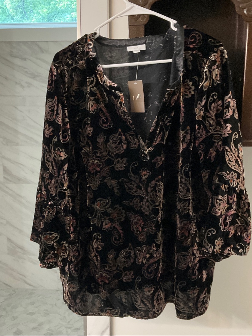 J. Jill Black Velvet Tunic with Pink and Gold Floral Burnout